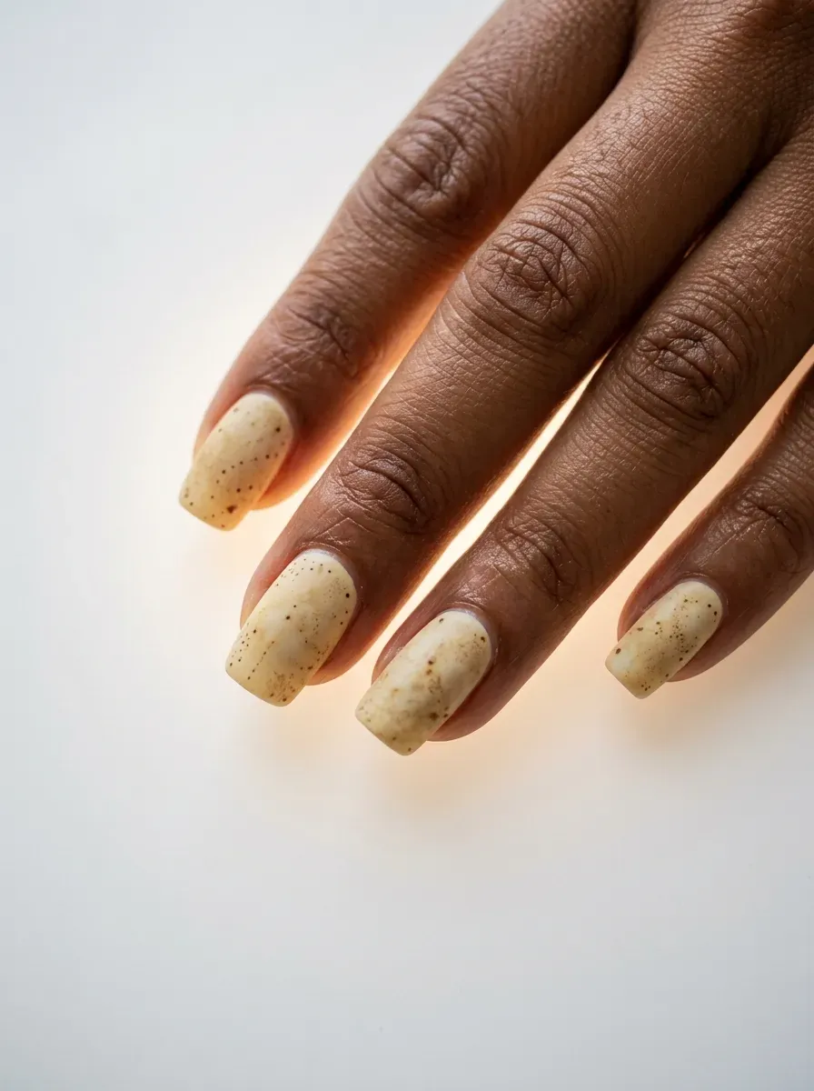 Cream and sepia-toned nails resembling aged parchment paper