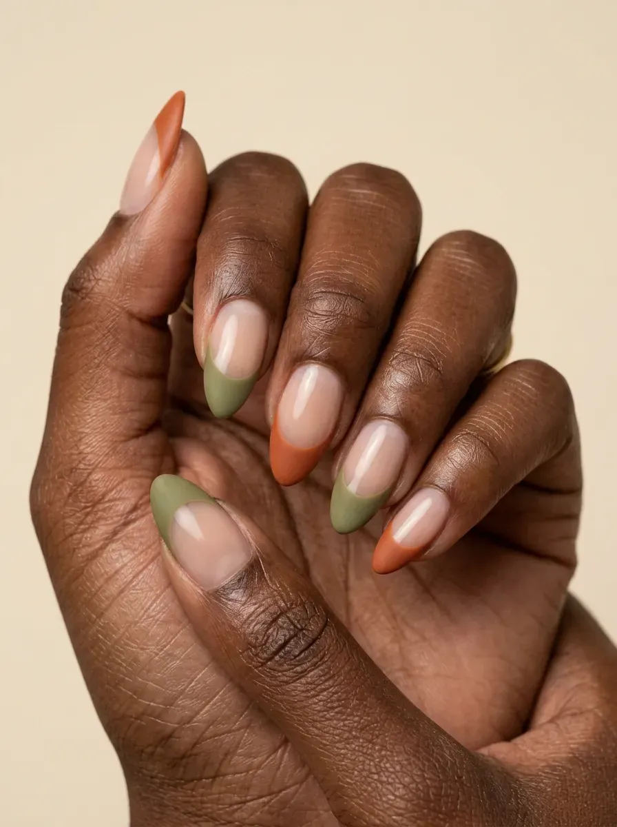 Almond nails with alternating olive and burnt orange French gel tips