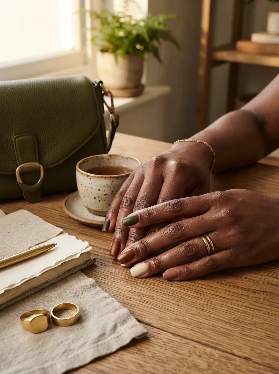 Olive green French manicure on medium square nails over deep brown skin