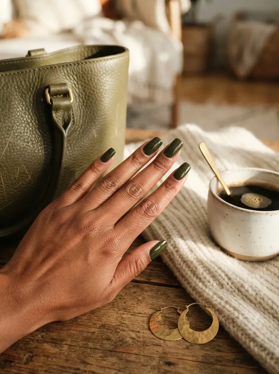 Olive green deep French tips on tapered square nails over warm skin