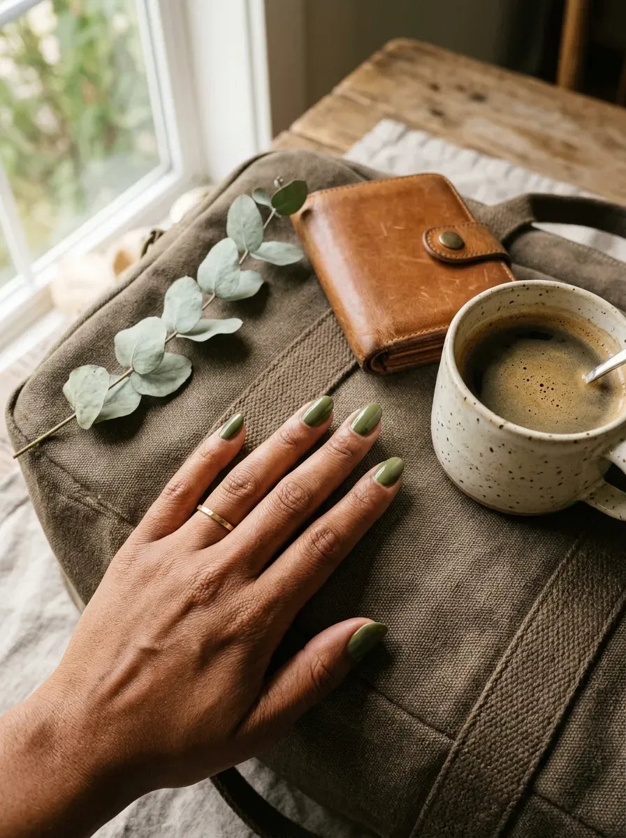 Glossy olive green nails on warm brown skin with countryside travel styling