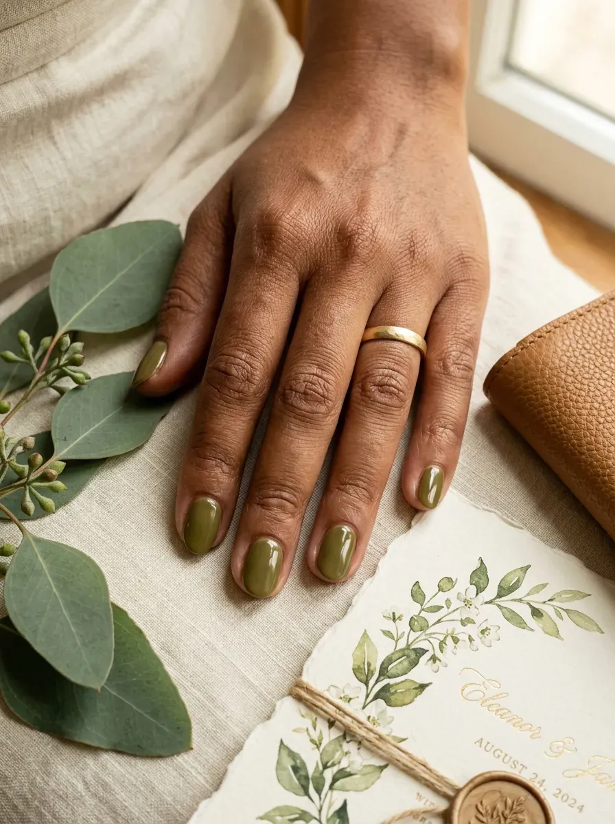 Glossy olive green nails on warm brown skin with earthy wedding styling
