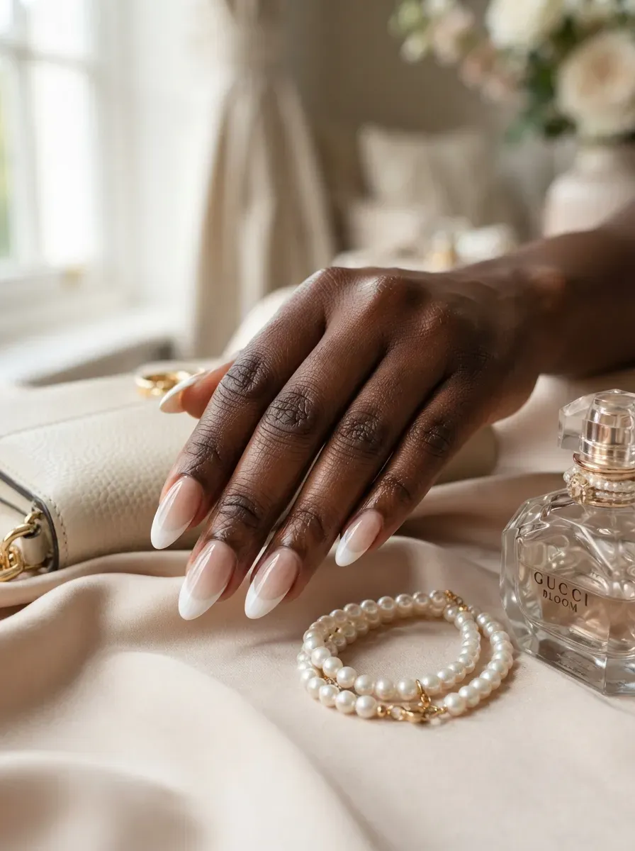 Deep French tips fading softly into nude almond nails with chestnut skin