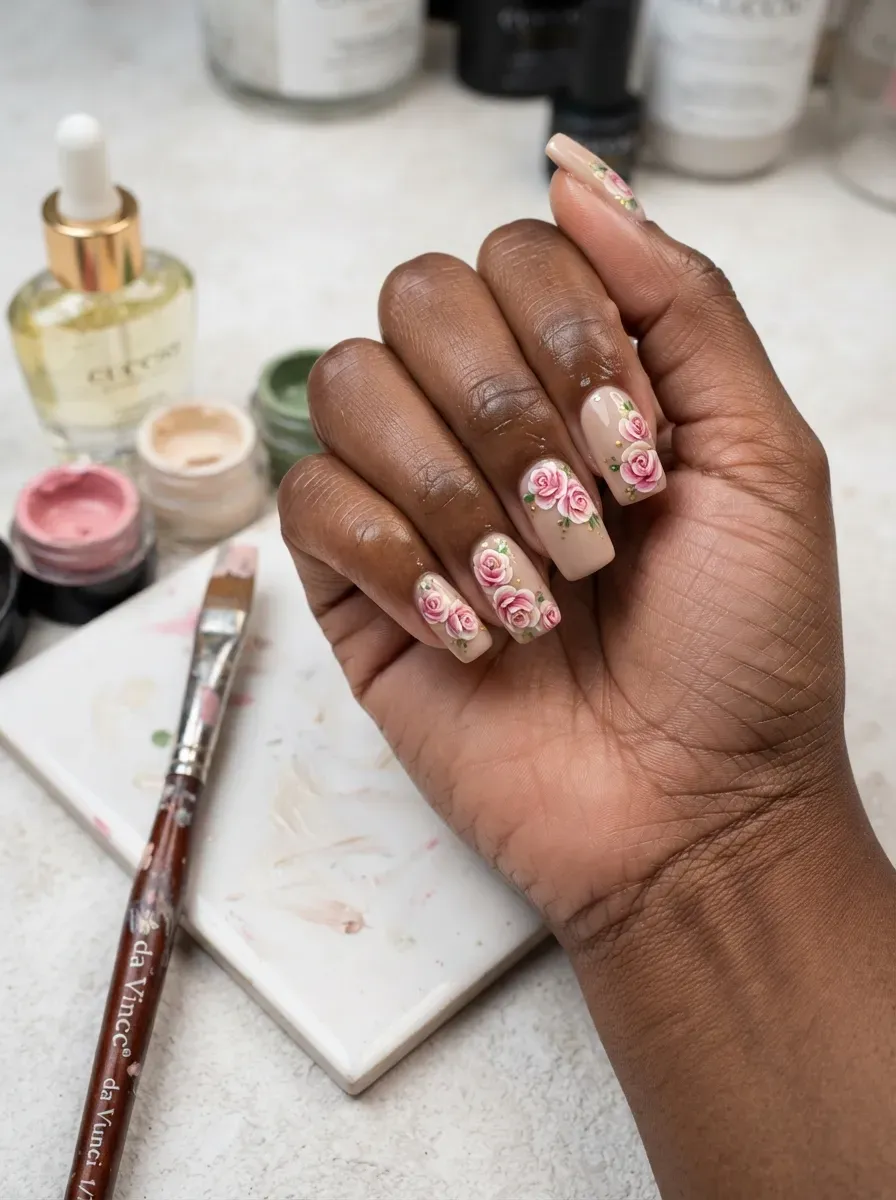 Layered pink one-stroke roses painted on square nails over beige polish