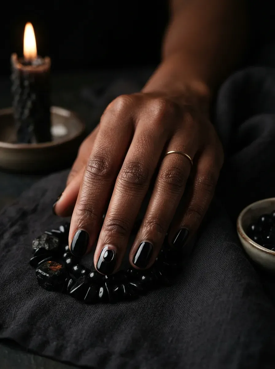 One black accent nail with a small polished onyx stone sealed near the base on deep chestnut skin