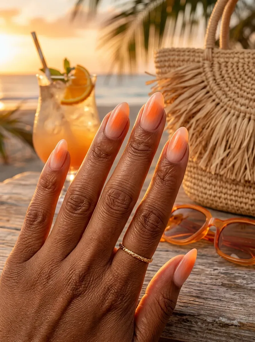 Orange aura gradients on sheer nude almond nails with warm skin