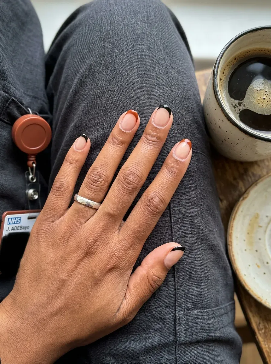 Short nude nails alternating black and burnt orange micro French tips
