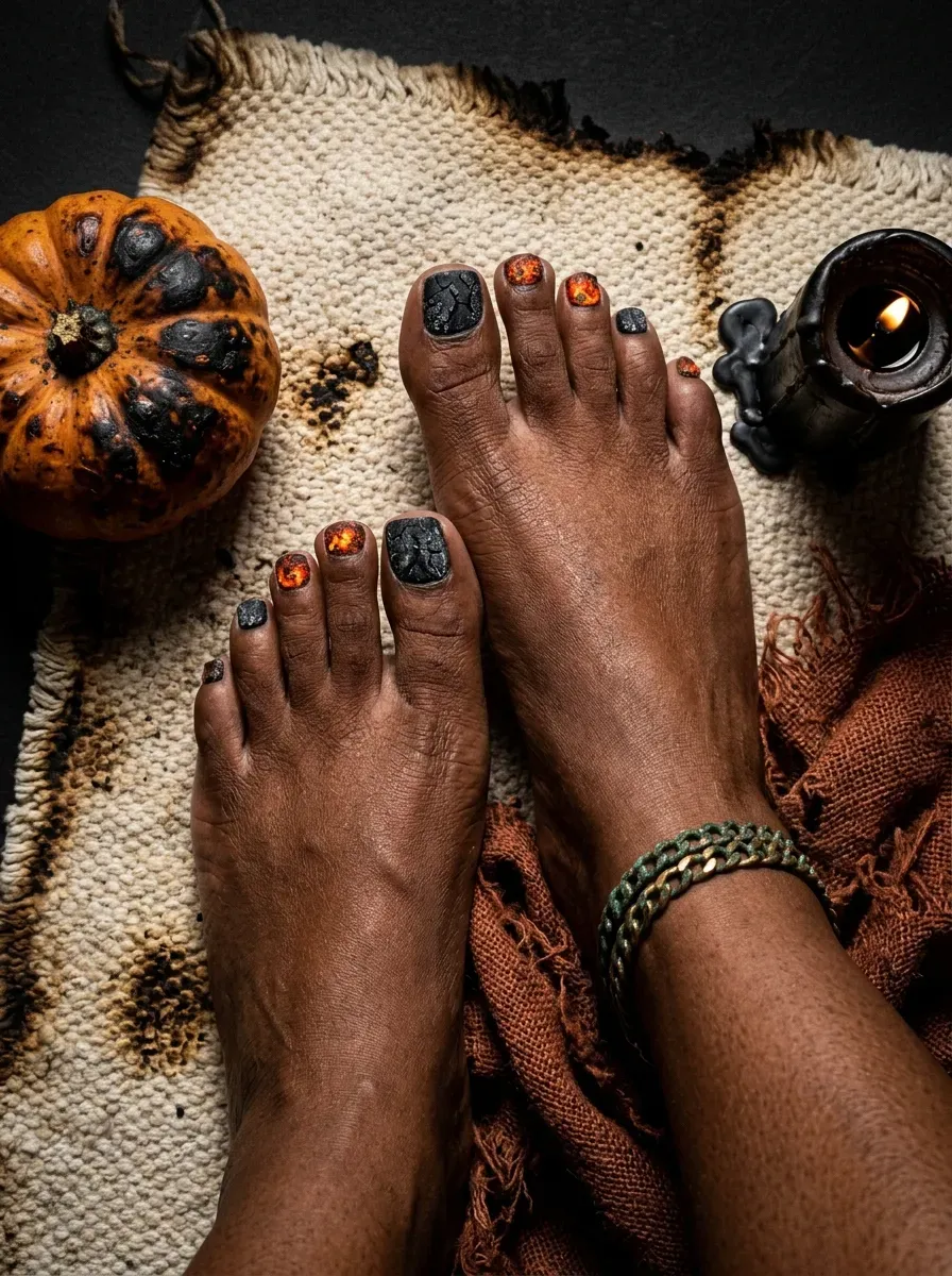 Alternating orange and black polish across short Halloween toenails