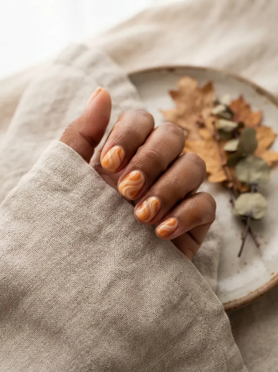 Short nails with a soft swirl pattern combining pumpkin orange and cream on warm brown skin