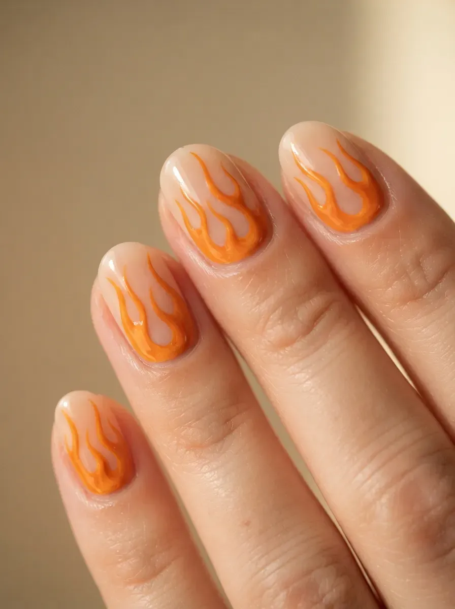 Short nails with orange flame French tips and glossy black accents