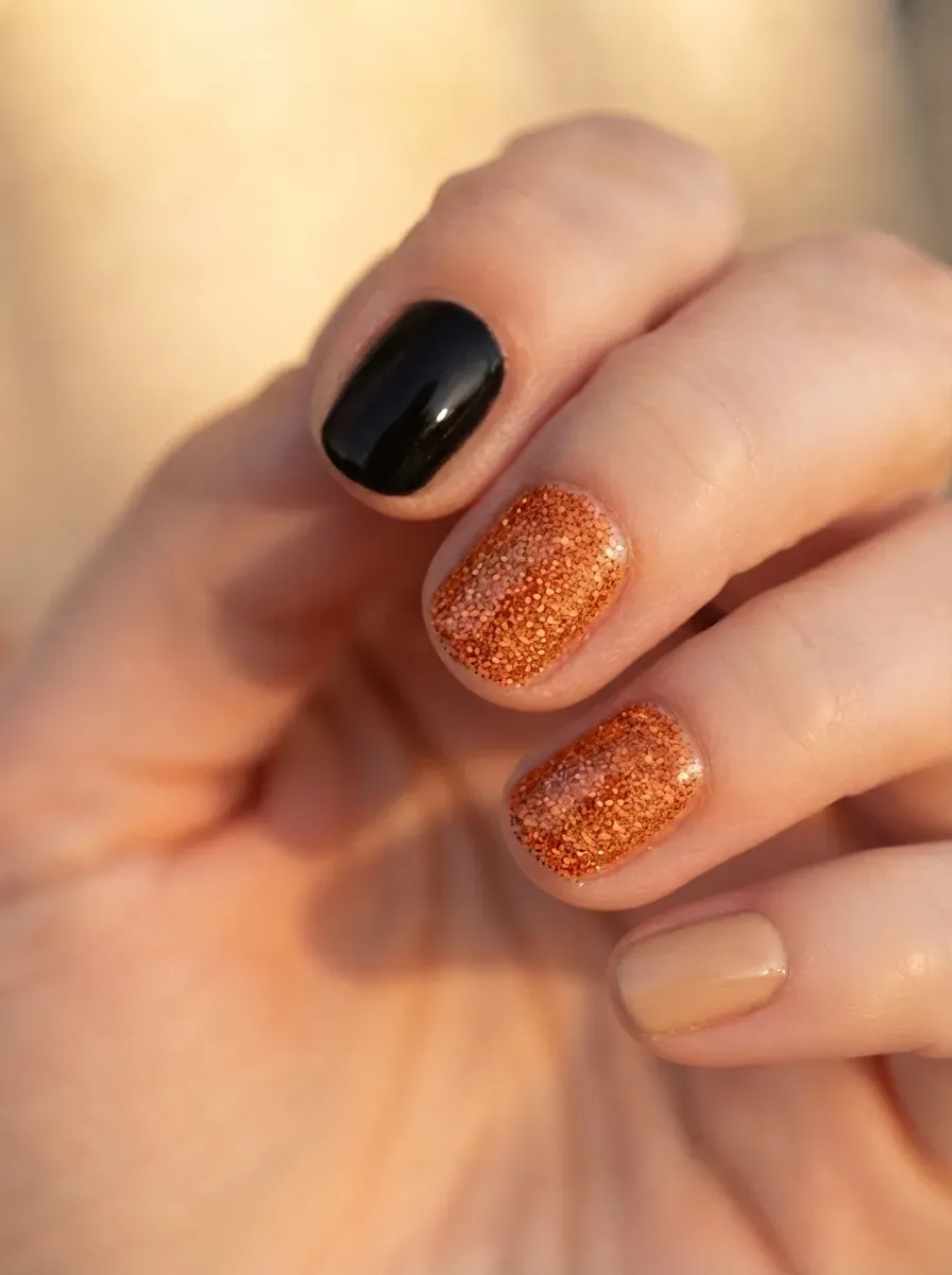 Short nails with glossy orange glitter accents and subtle black Halloween details