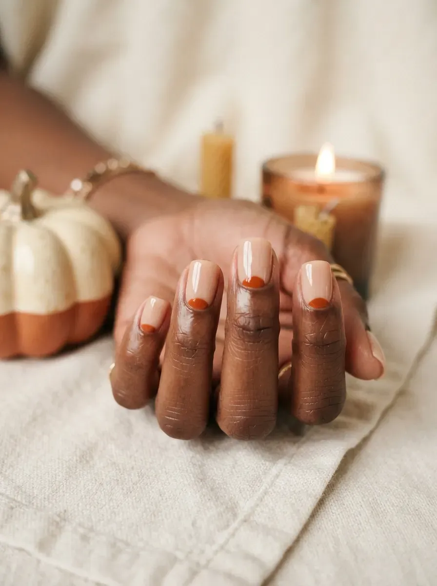 Short square nails with a nude base and a solid orange half moon shape at the cuticle on deep brown skin