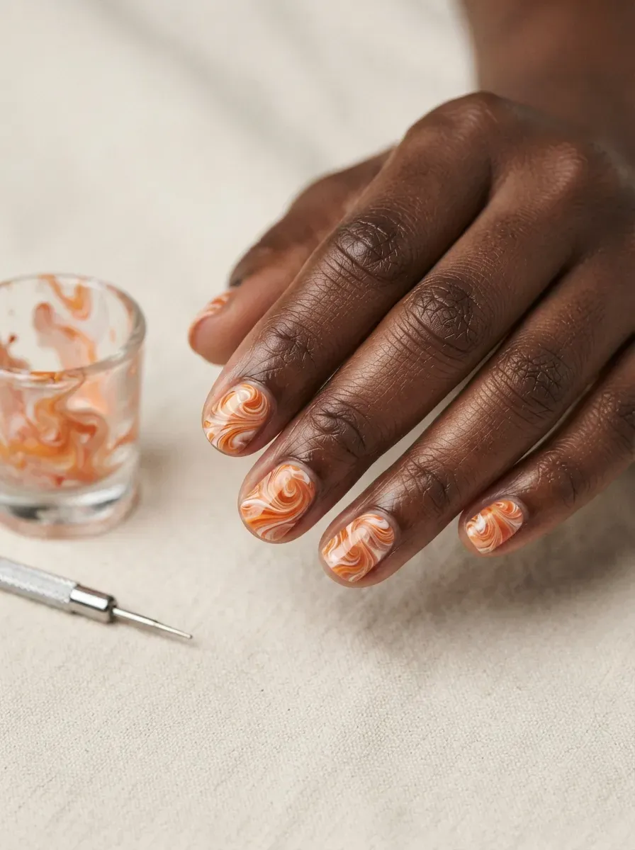 Short nails with a marbled swirl pattern combining orange and white on deep brown skin