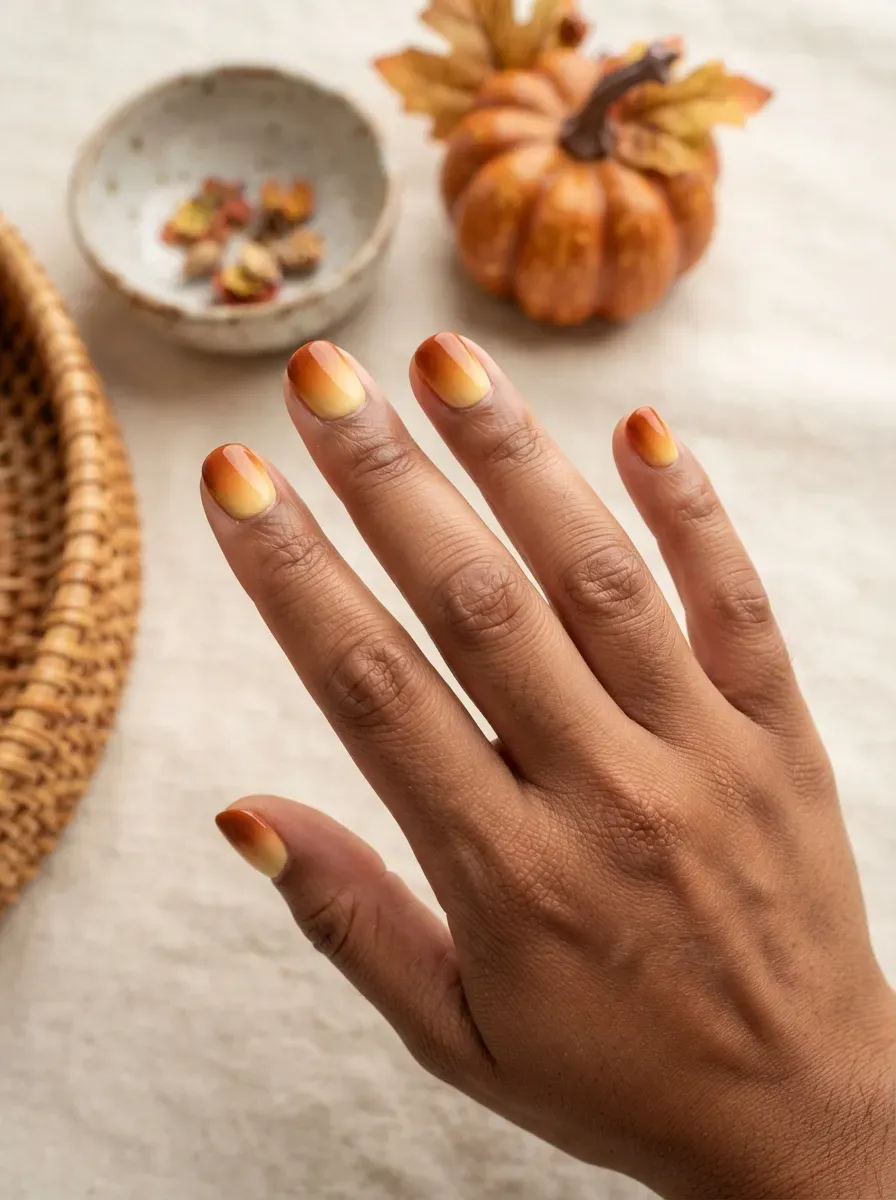 Short nails with a yellow to orange ombre gradient on brown skin with warm undertones