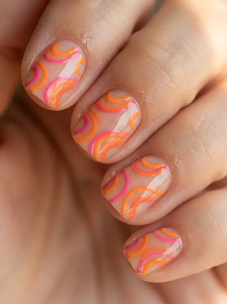 Short nails with bright orange and pink swirling Summerween nail art