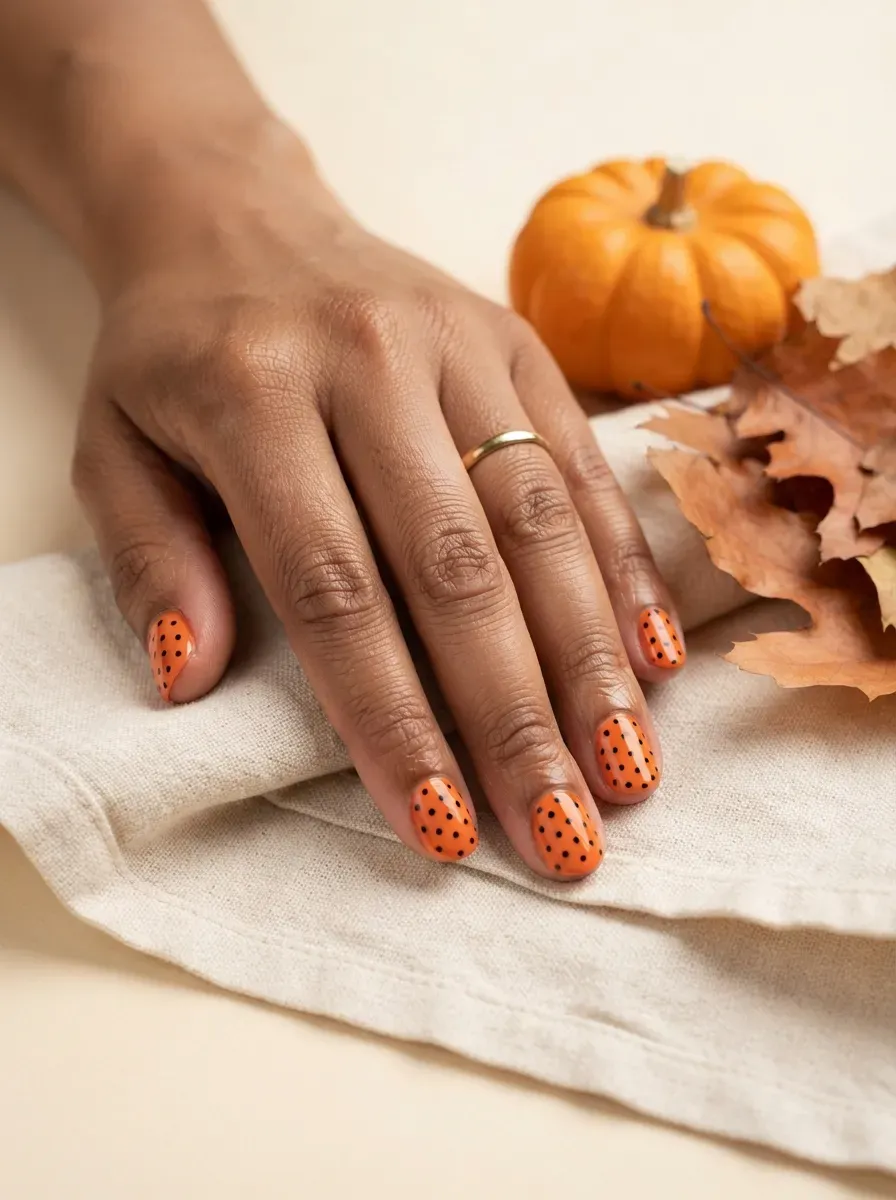 Short nails with small black polka dots over a solid orange base on brown skin with warm undertones