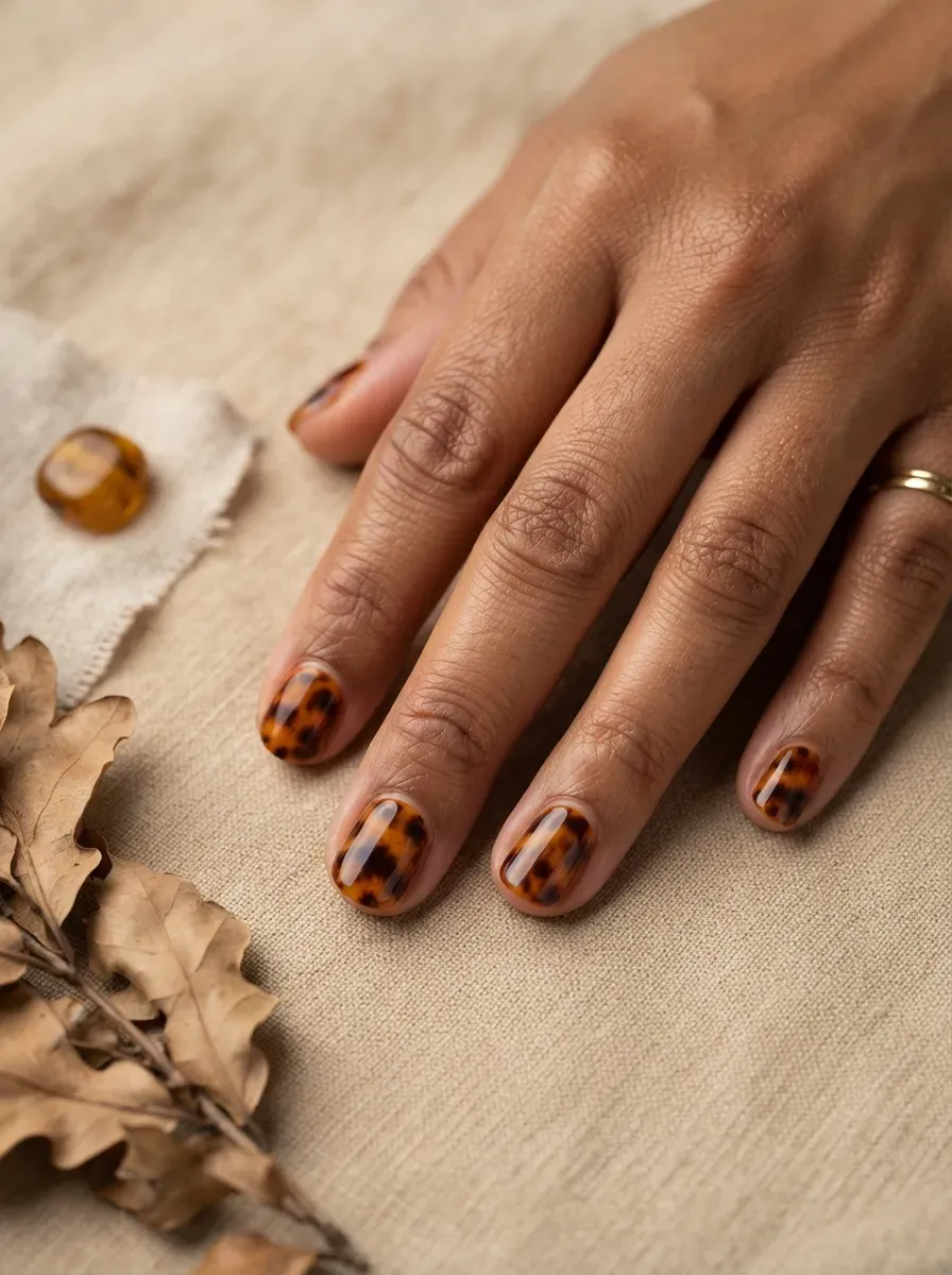 Short nails with a tortoiseshell pattern in orange amber and brown tones on warm brown skin