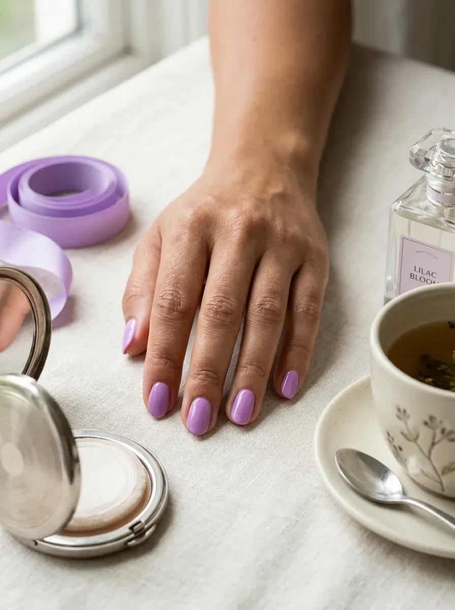 Short oval nails painted with bright orchid lilac cream polish