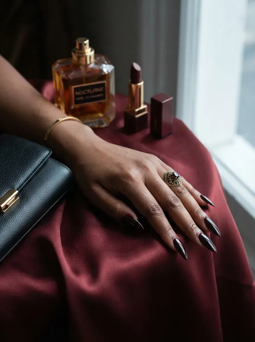 Oxblood deep French tips on stiletto nails with warm brown skin