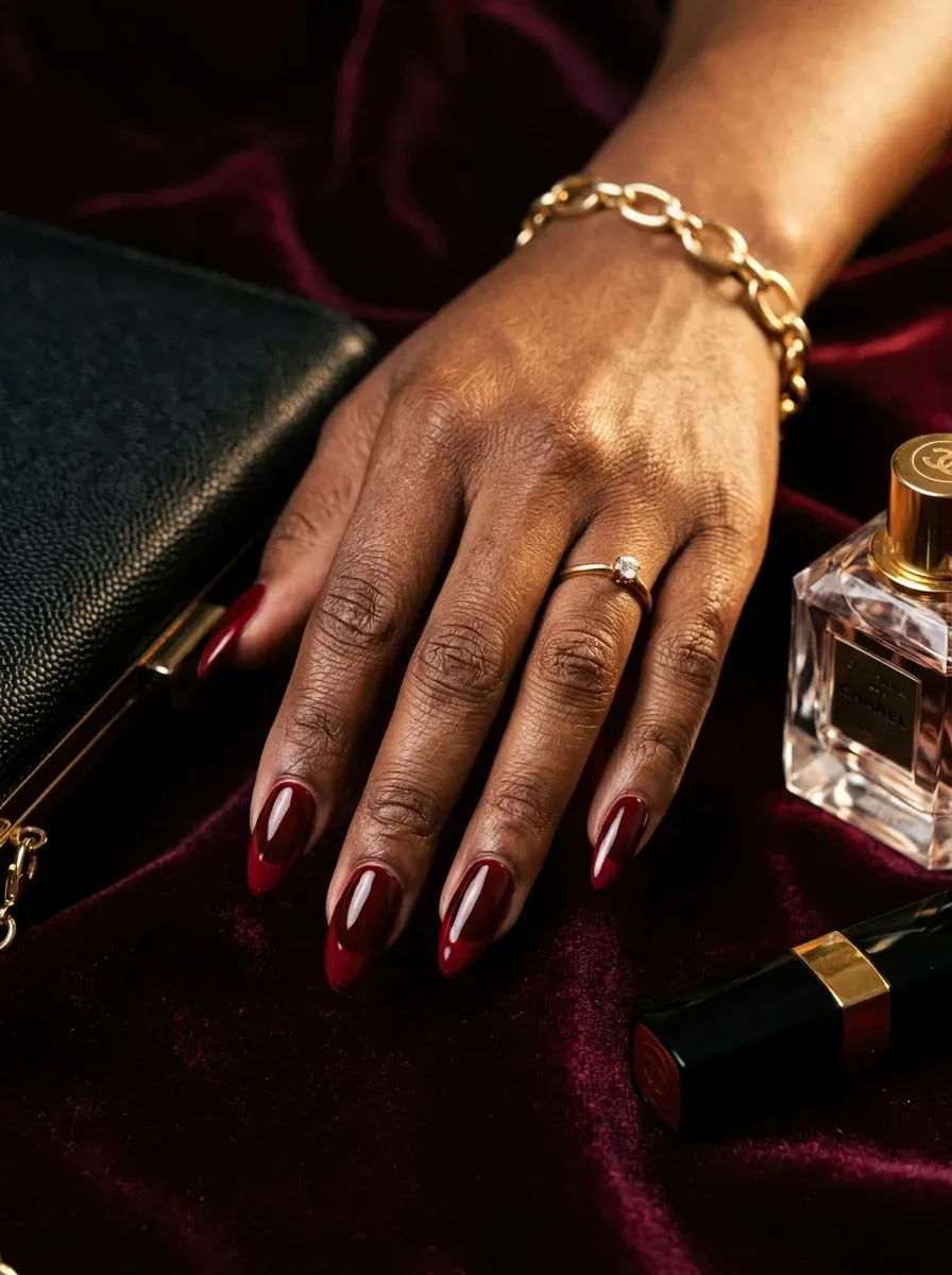 Long almond nails with deep oxblood curved French tips on dark brown skin