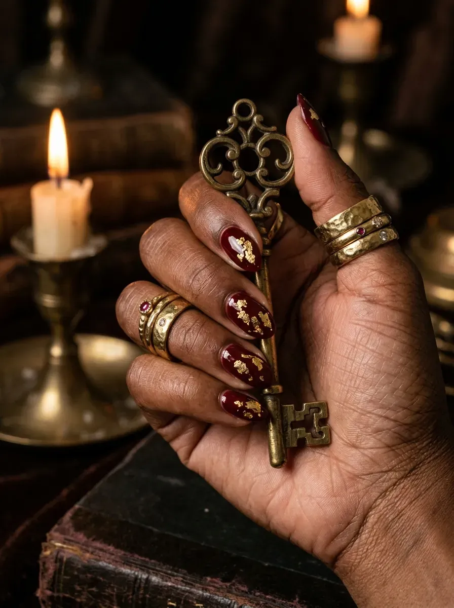 Deep oxblood red nails embellished with torn gold foil flakes