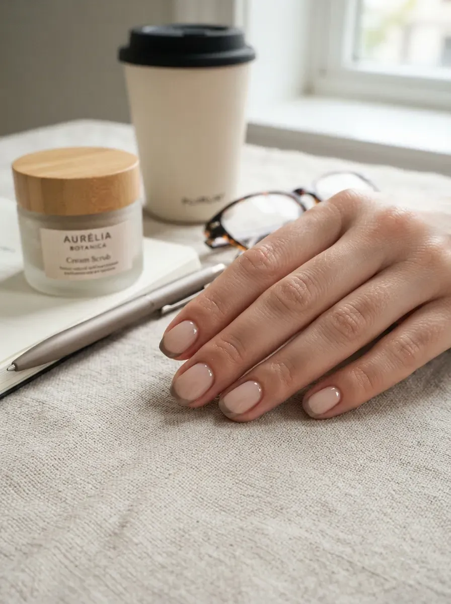 Short squoval nails coated in smooth pale gray cream polish