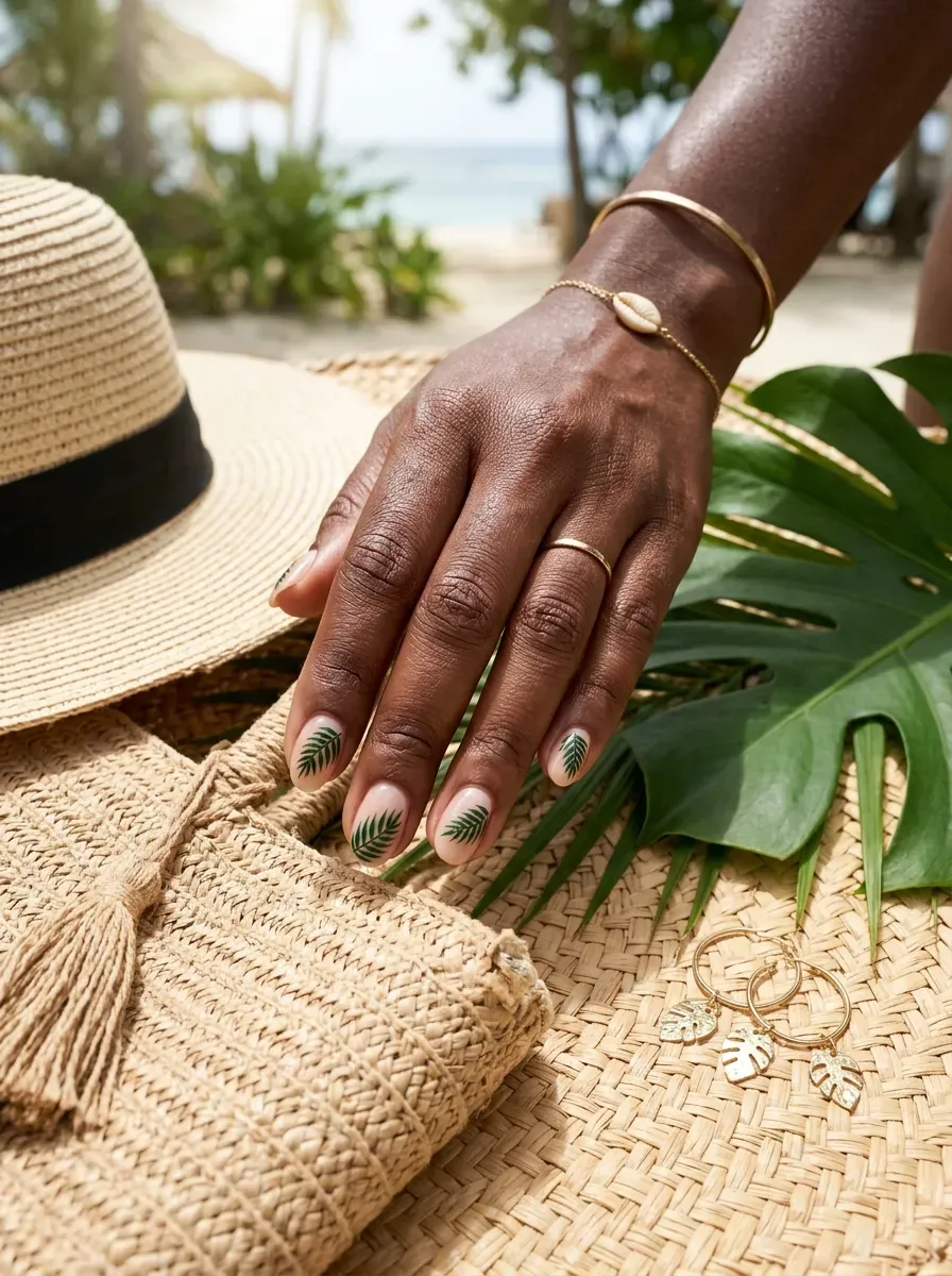 Sheer nude nails with tiny green palm leaf accents on dark skin