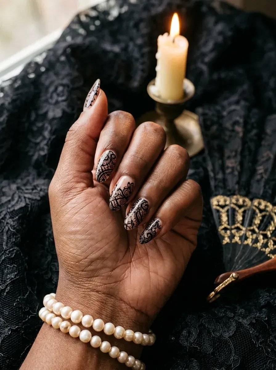 One accent nail styled to resemble pan de muerto bread with cross shaped ridges on warm brown skin