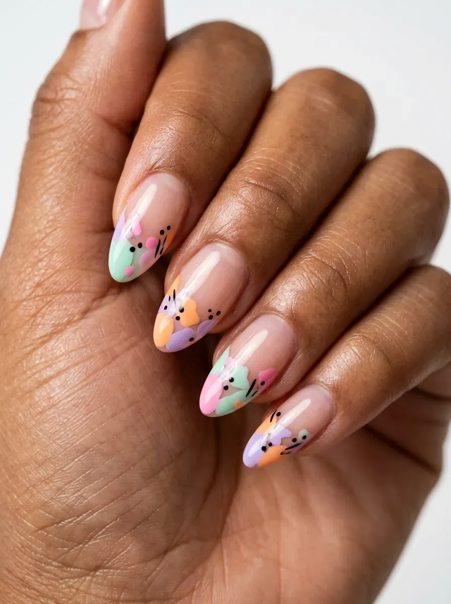Medium almond nails with pastel confetti tips and tiny black accents