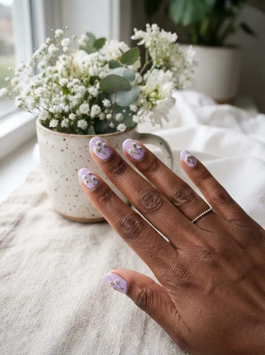 Pastel lavender nails with tiny white baby’s-breath flowers and green stems