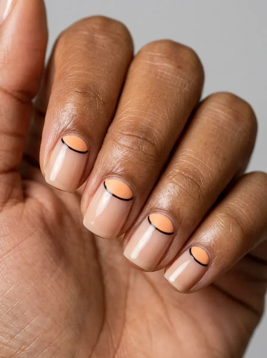 Short squoval nails with pastel orange half moons and black accents
