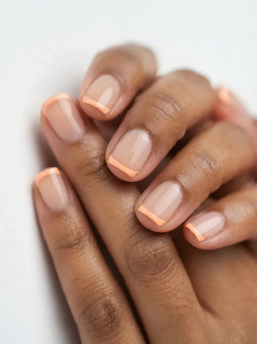 Short square nails with pastel orange micro French tips on warm brown skin