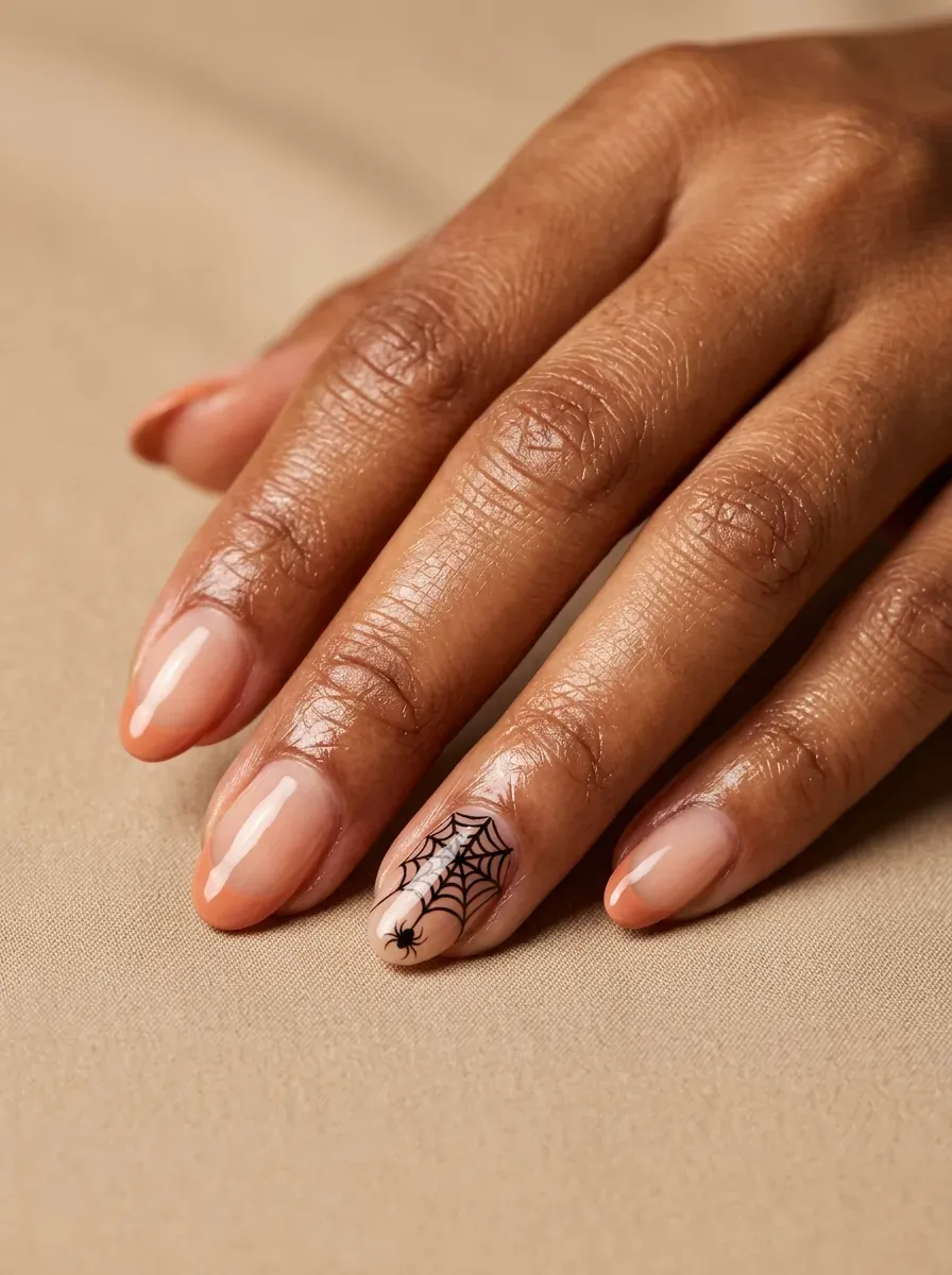 Short almond nails with pastel orange French tips and spiderweb accent