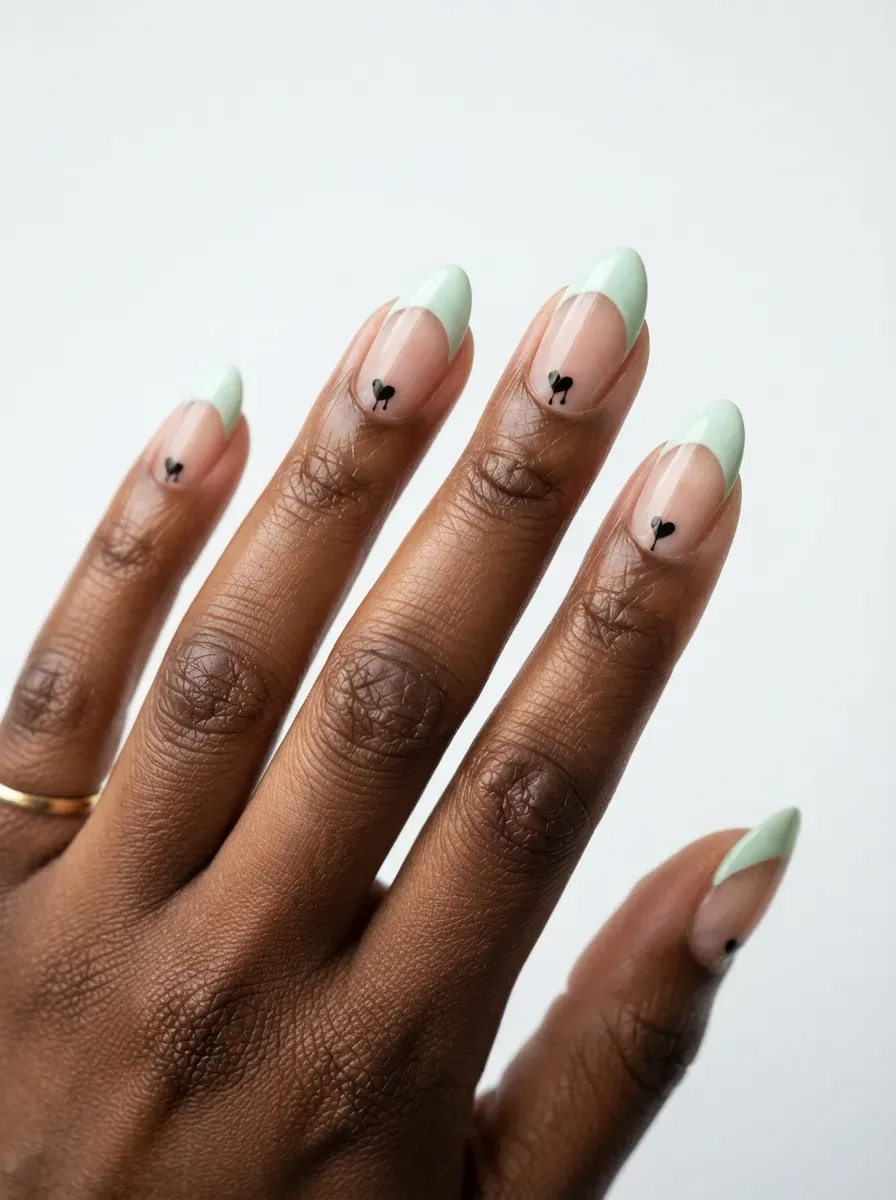 Pastel peach nails with black spiderweb French tips on brown skin