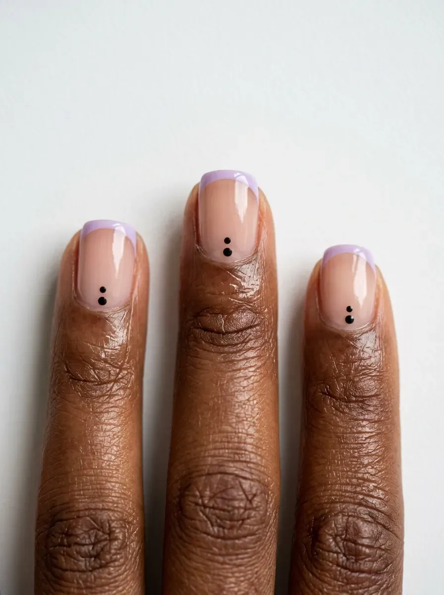Short squoval nails with pastel purple French tips and black dots