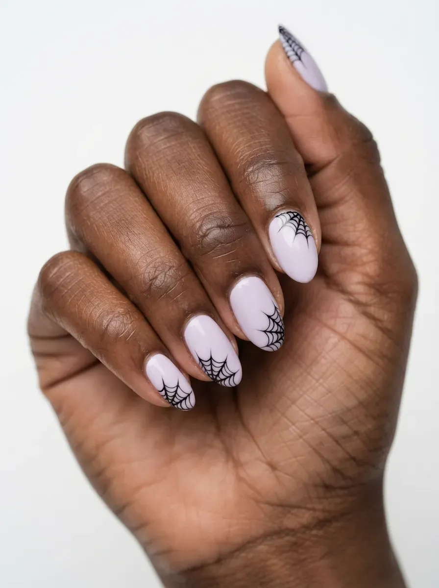 Short almond nails with pastel purple spiderweb corner details on dark skin