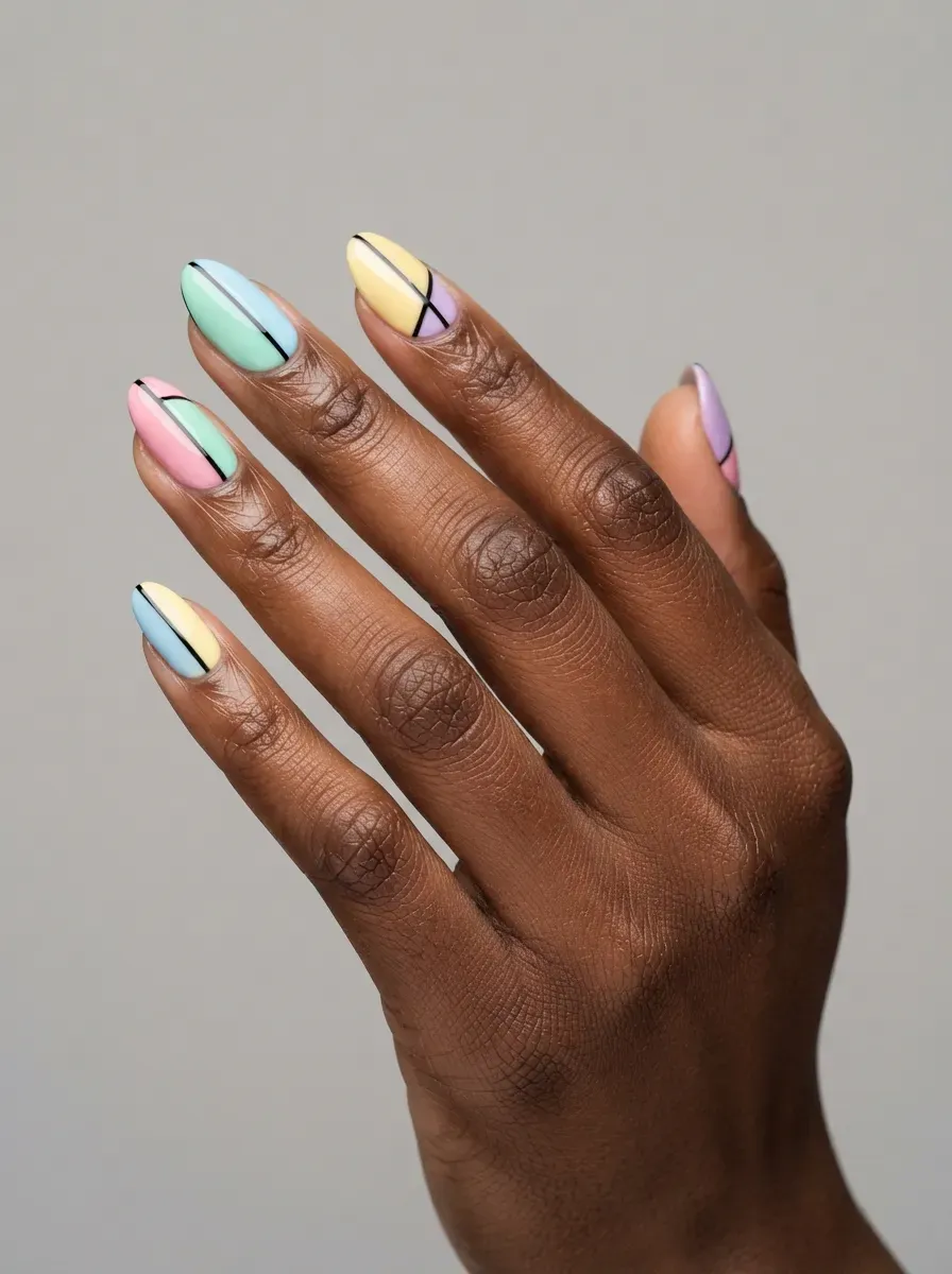 Pastel rainbow nails with thin black outlines on rich dark skin and glossy finish