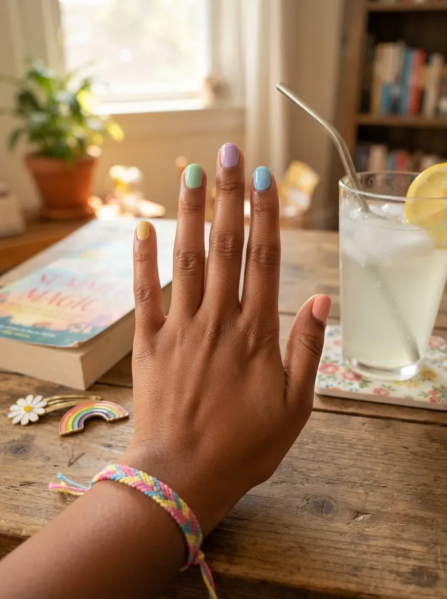 Short rounded nails with slim pastel rainbow French tips