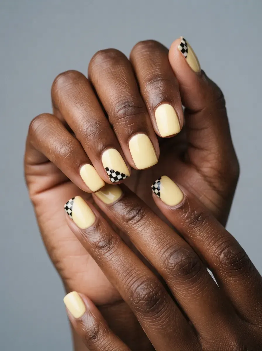 Pastel yellow nails with black checkerboard accent sections on deep brown skin
