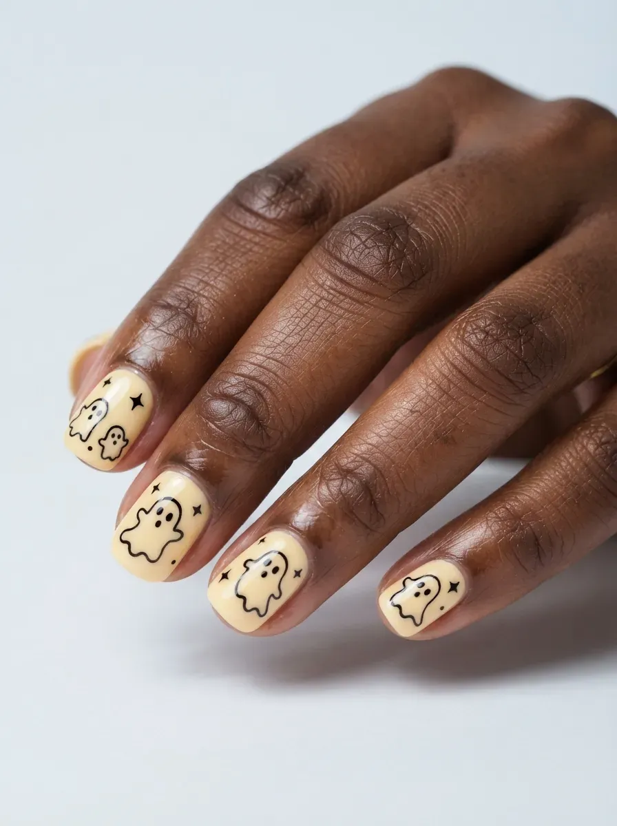 Pastel yellow nails with tiny black ghost accents on deep brown skin