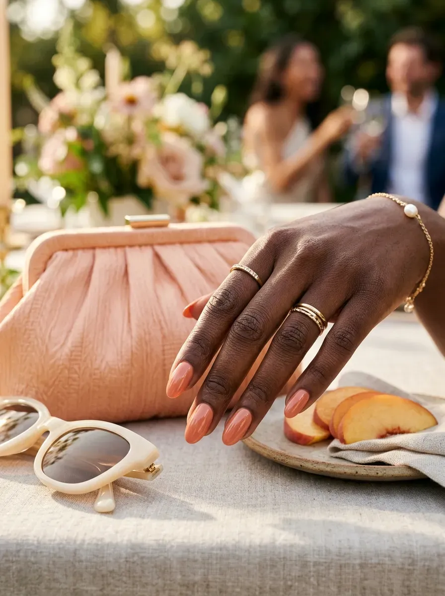 Soft peach French tips on oval nails with deep brown skin