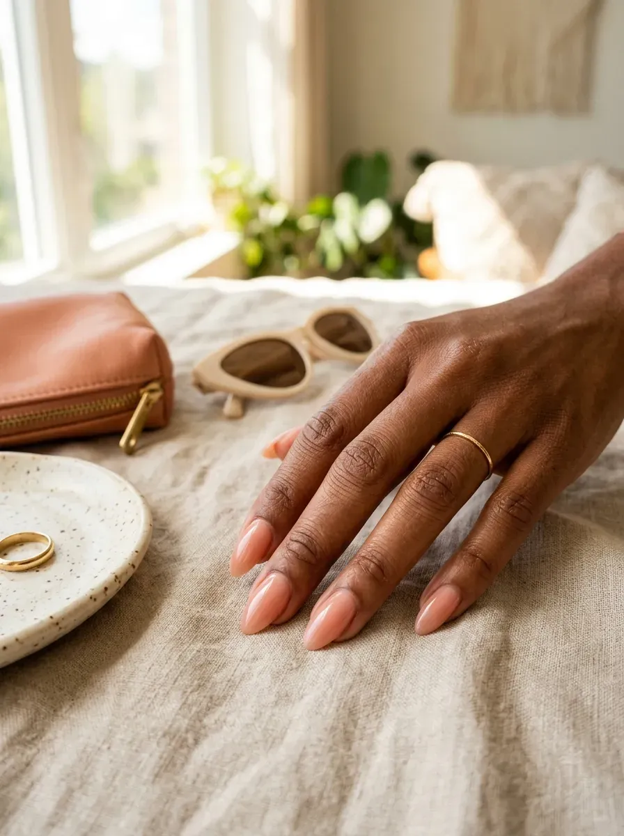 Peach nude French tips on almond nails with warm brown skin