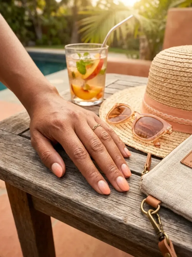 Short oval nails fading from nude bases into soft peach tips