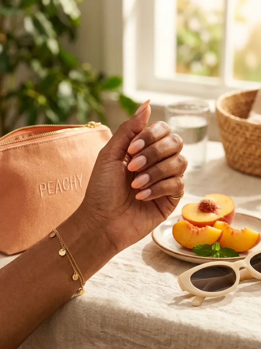 Peach French ombré on oval nails with warm brown skin