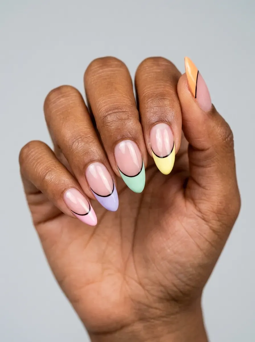 Medium almond nails with peach ombre polish and tiny black bat accents