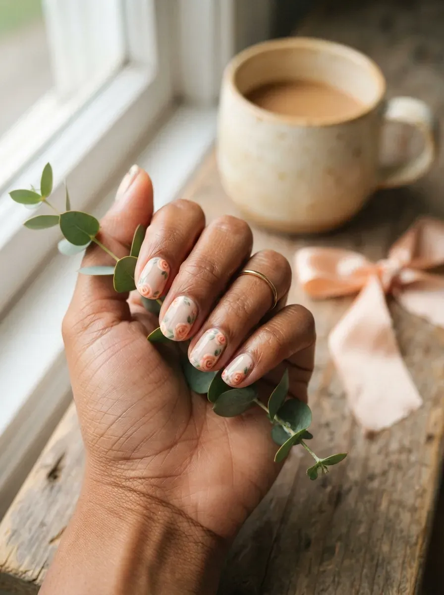 Peach roses and sage leaves painted on creamy nude short nails