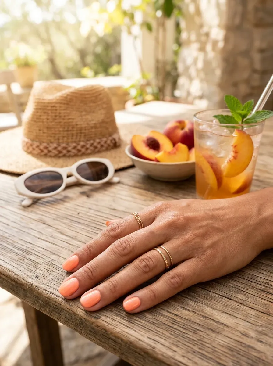 Short rounded nails painted with soft glossy peach sorbet polish