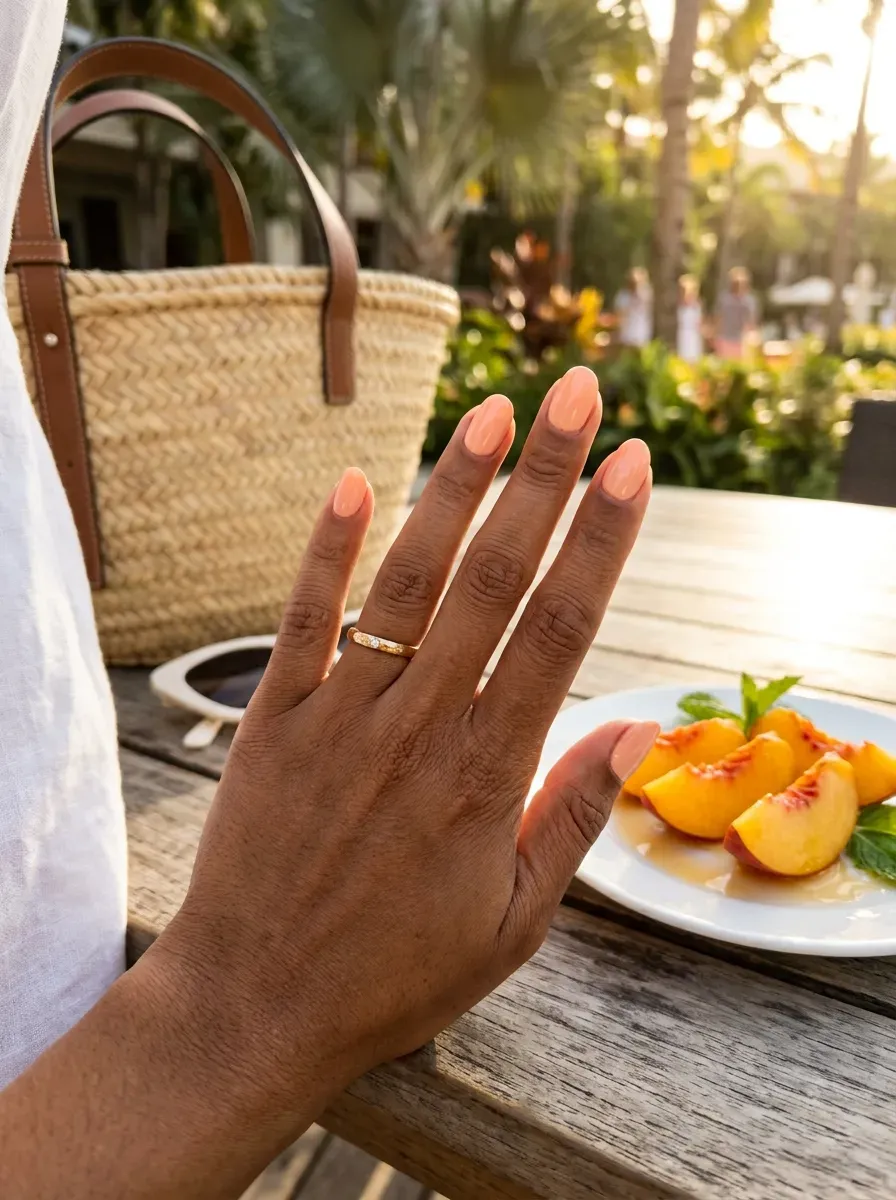 Short oval nails painted creamy peach on warm brown skin