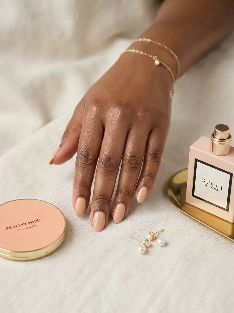 Peachy beige nude nails on warm brown skin with gold accessories