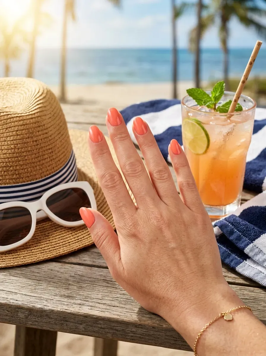 Short oval nails painted glossy peach coral on fair warm skin